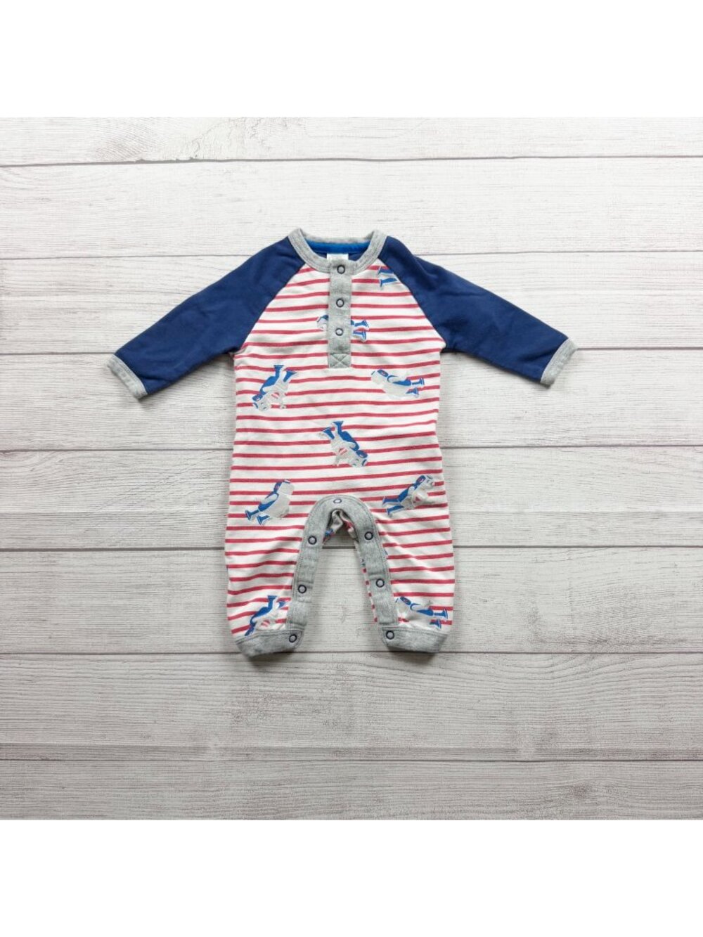 Baby Boden Striped Robot Cotton Romper Print Long Sleeve Snap Closure 3-6 Months